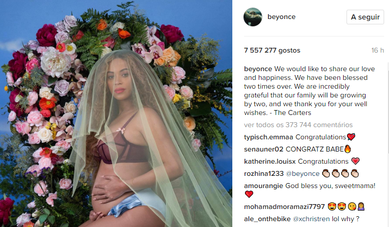 Foto da gravidez de Beyoncé é a mais gostada da história do Instagram