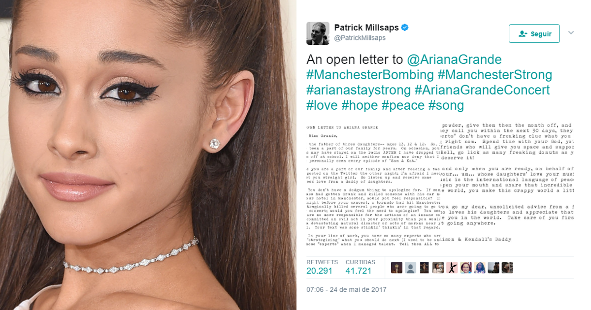 Pai de 3 fãs escreve carta aberta a Ariana Grande, com uma mensagem forte