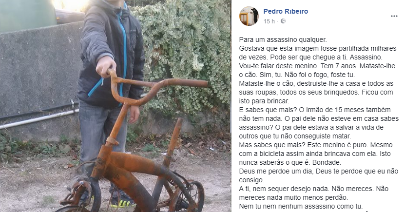Carta ao &#8220;incendiário assassino&#8221; que queimou o cão e os brinquedos desta criança em Oliveira de Frades