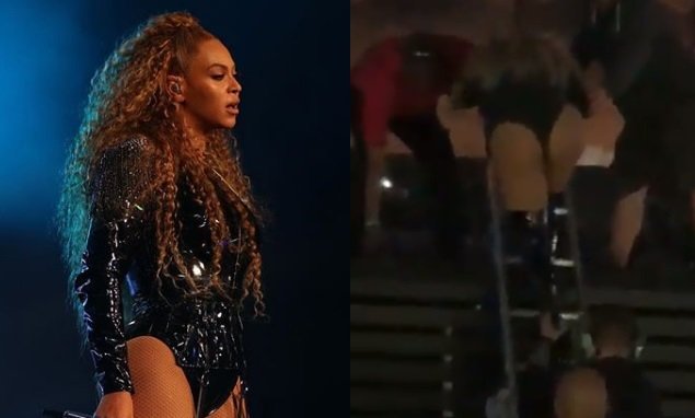 Beyoncé fica &#8216;presa&#8217; no palco e desce de escadote