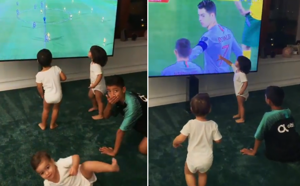Video: A reação adorável dos filhos de Cristiano Ronaldo ao ver &#8216;goleada&#8217; do pai