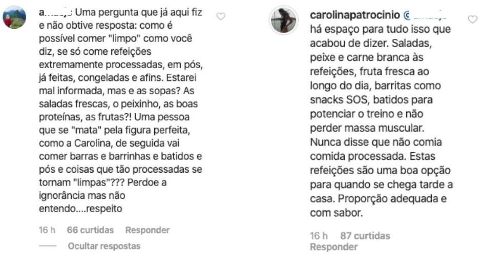 Carolina Patrocínio responde a seguidora que critica a sua alimentação