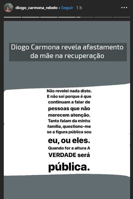 Diogo Carmona fala sobre &#8220;afastamento&#8221; da mãe: &#8220;Pessoas que não merecem atenção&#8230;&#8221;