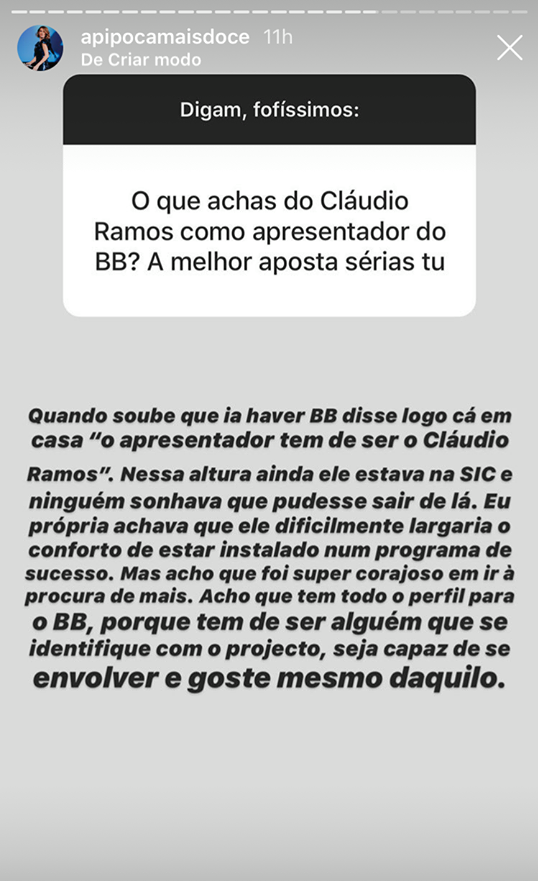 &#8220;O que achas do Cláudio Ramos como apresentador do BB?&#8221;: &#8216;A Pipoca mais Doce&#8217; responde