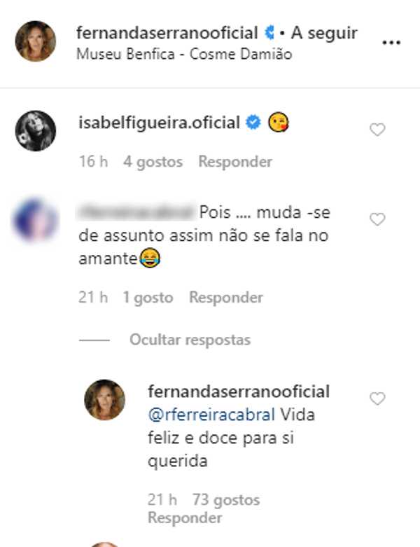 Fernanda Serrano responde a comentário ofensivo: &#8220;Muda-se de assunto, assim não se fala no amante&#8230;&#8221;
