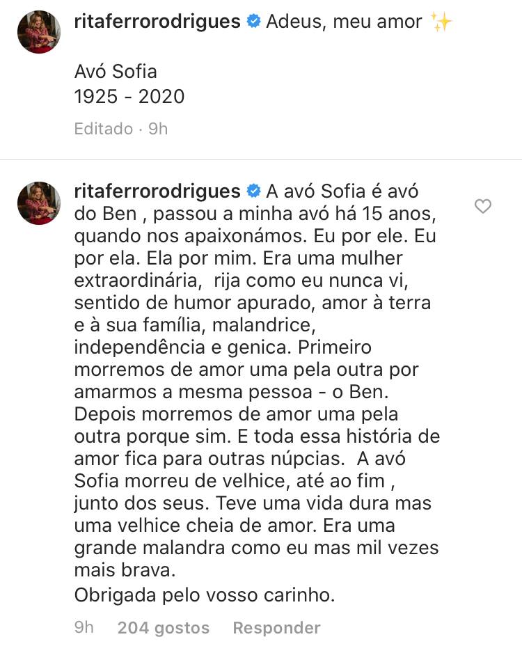 De luto, Rita Ferro Rodrigues chora a morte da avó Sofia: &#8220;Adeus, meu amor&#8221;