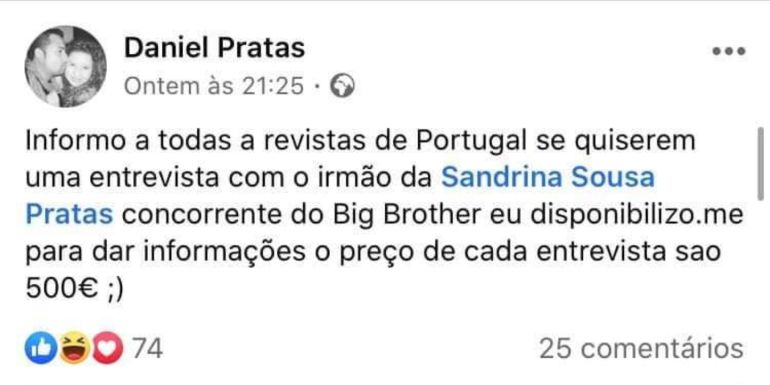 Big Brother: Irmão de Sandrina &#8220;vende&#8221; informações sobre a concorrente por 500€