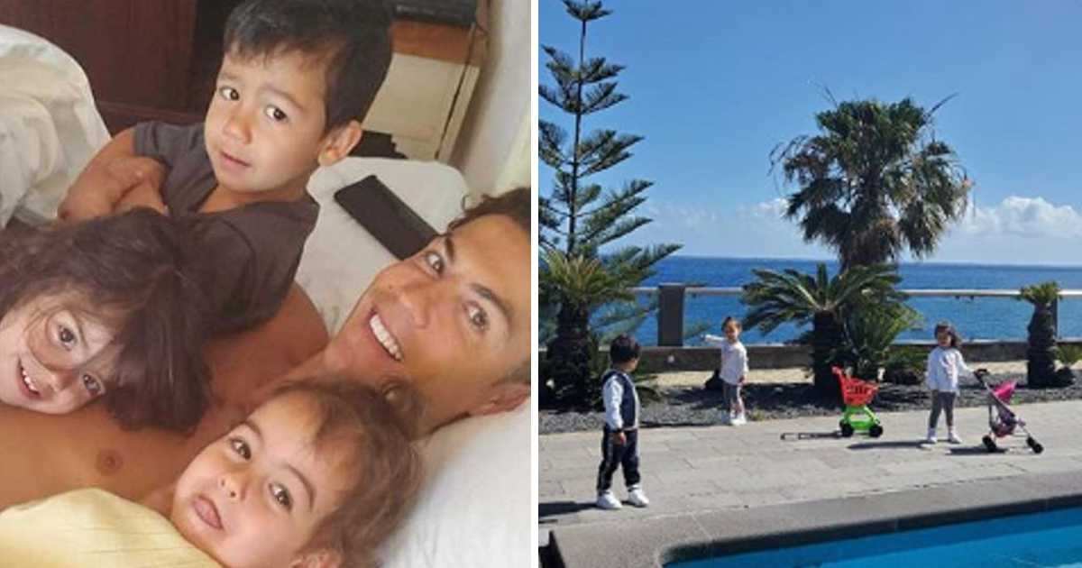 Na despedida, filhos de Cristiano Ronaldo brincam no jardim e encantam fãs