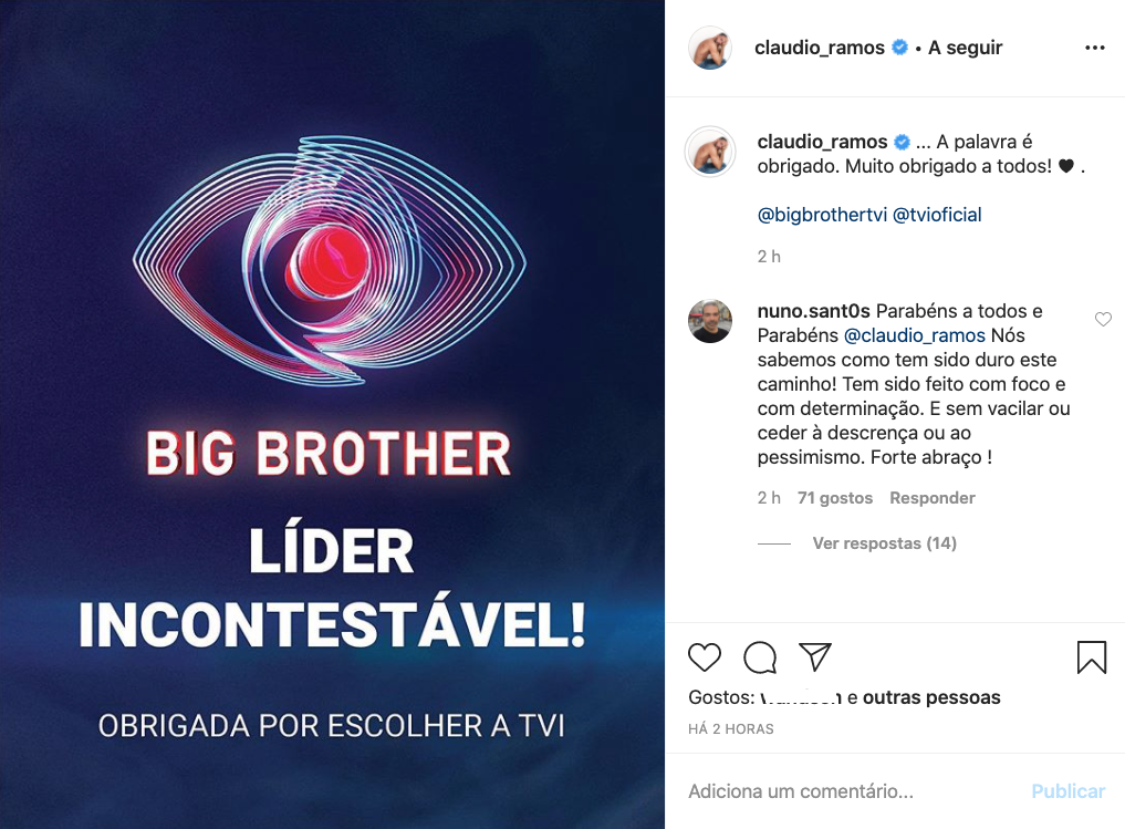Após vitória do Big Brother, Nuno Santos dá os &#8220;parabéns&#8221; a Cláudio Ramos: &#8220;Sabemos como tem sido duro&#8230;&#8221;