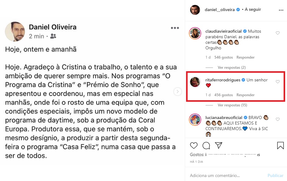 Após saída de Cristina Ferreira, Rita Ferro Rodrigues mostra o seu apoio a Daniel Oliveira