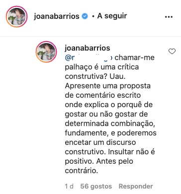 Joana Barrios em troca palavras com fã: &#8220;Chamar-me palhaça é um crítica construtiva?&#8221;