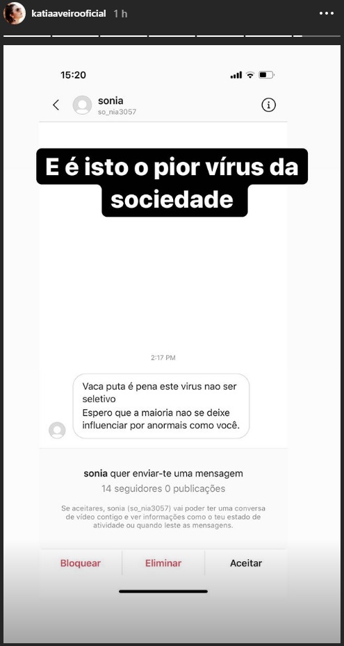 Katia Aveiro insultada nas redes sociais: &#8220;Vaca p**a, pena este vírus não ser seletivo&#8221;