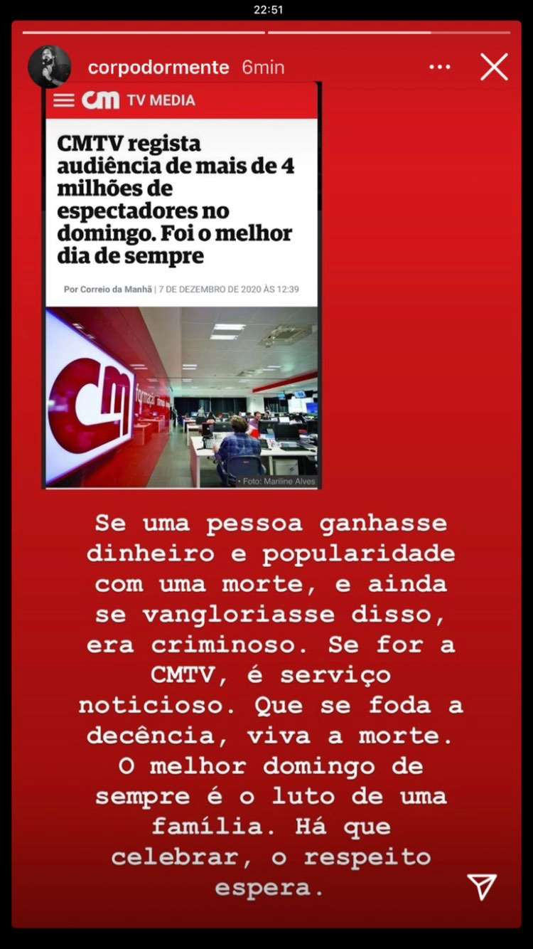 Bruno Nogueira critica CMTV após celebrar vitória nas audiências: &#8220;Que se f*da a decência&#8230;&#8221;