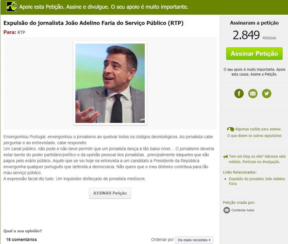 Petição pede expulsão de João Adelino Faria após entrevista a André Ventura