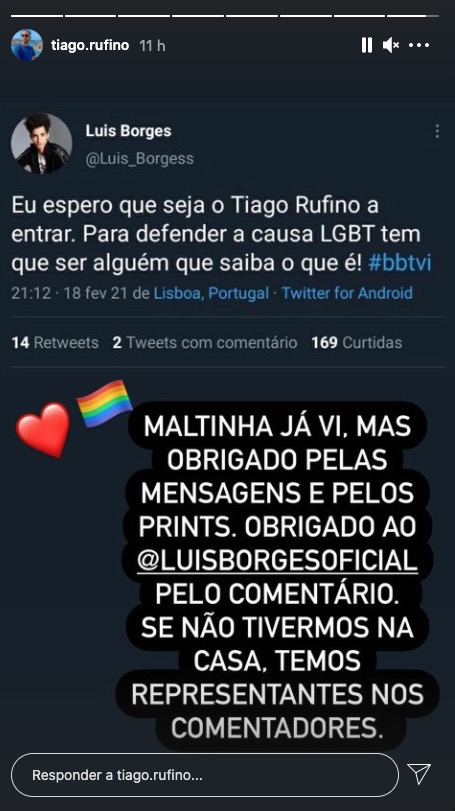 Big Brother: Luís Borges &#8220;pede&#8221; entrada de Tiago Rufino: &#8220;Para defender a causa LGBT&#8230;&#8221;