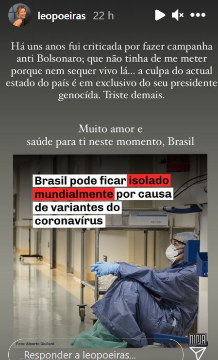 Leonor Poeiras critica Bolsonaro: &#8220;A culpa é do presidente genocida&#8221;