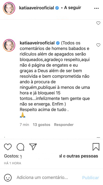 Katia Aveiro sem paciência para mensagens &#8220;de homens babados&#8221;: &#8220;Gente que não se enxerga&#8221;