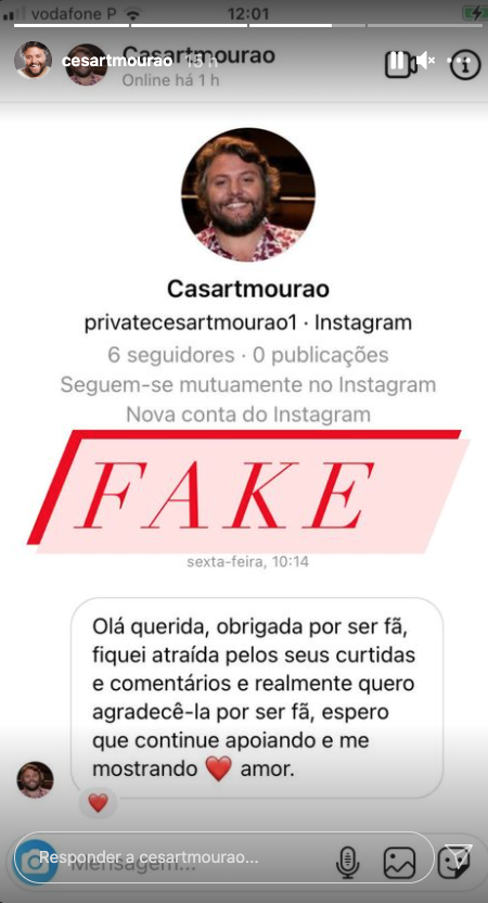 César Mourão denúncia página falsa com a sua imagem: &#8220;Fake&#8230;&#8221;