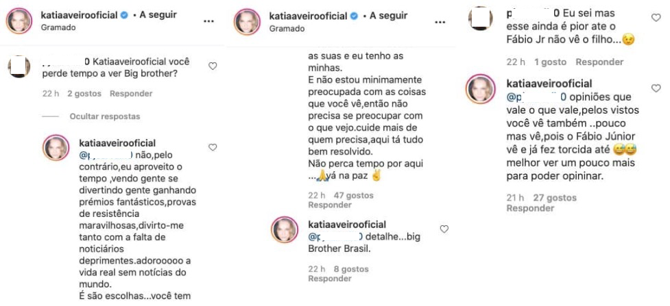Katia Aveiro responde &#8220;à letra&#8221; a seguidor: &#8220;Não precisa de se preocupar com o que vejo&#8230;&#8221;
