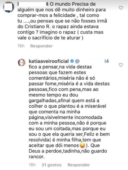 Katia Aveiro responde a mensagem de ódio: &#8220;Se não fosses irmã do CR7 o rapaz não estava contigo&#8230;&#8221;