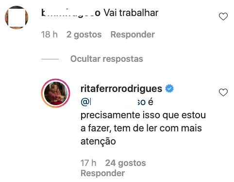 Rita Ferro Rodrigues responde (à letra) a crítica de seguidor: &#8220;Vai trabalhar&#8230;&#8221;