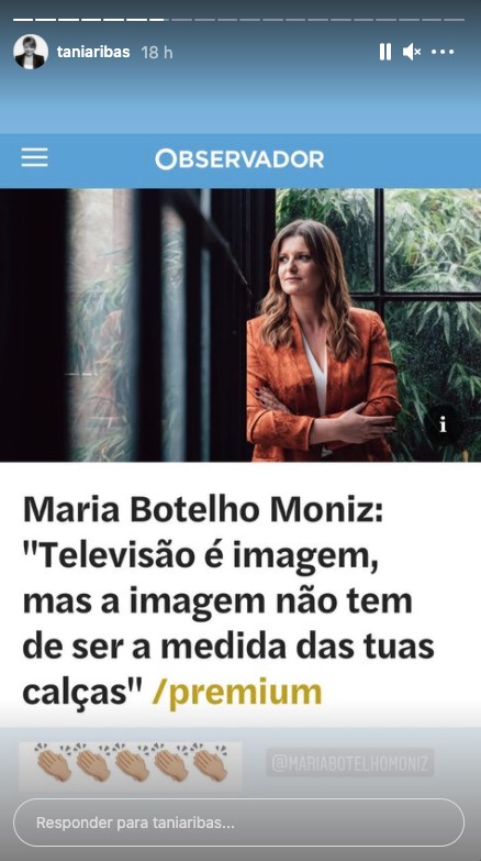Tânia Ribas de Oliveira &#8220;aplaude&#8221; Maria Botelho Moniz após entrevista