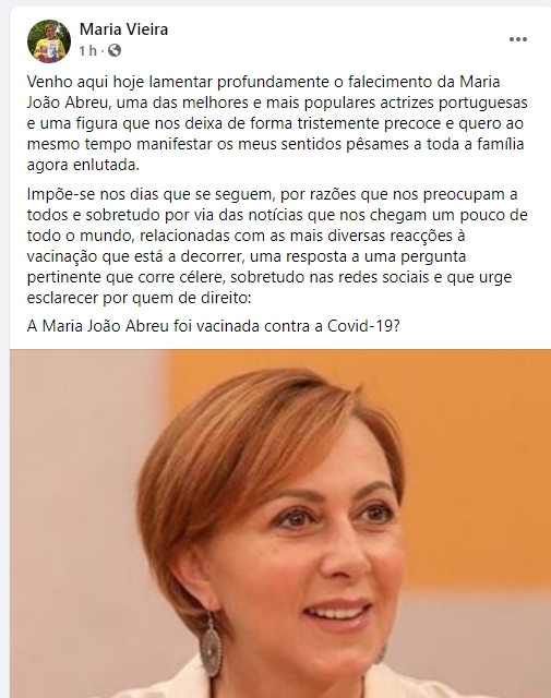 Maria Vieira questiona: &#8220;A Maria João Abreu foi vacinada contra a Covid-19?&#8221;