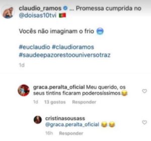 Graça Peralta dos &#8220;Casados&#8221;comenta post de Cláudio Ramos: &#8220;Os seus tintins ficaram poderosíssimos&#8221;