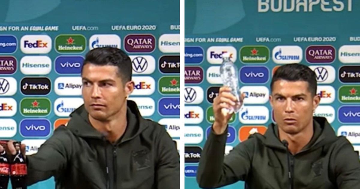 Hilariante! Cristiano Ronaldo &#8220;esconde&#8221; garrafas de Coca-Cola em conferência de imprensa
