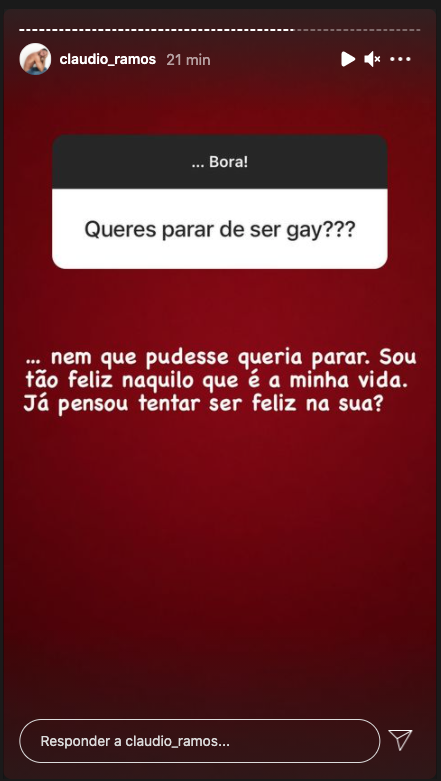 Sem rodeios, Cláudio Ramos dá resposta a questão ofensiva: &#8220;Queres parar de ser gay?&#8221;