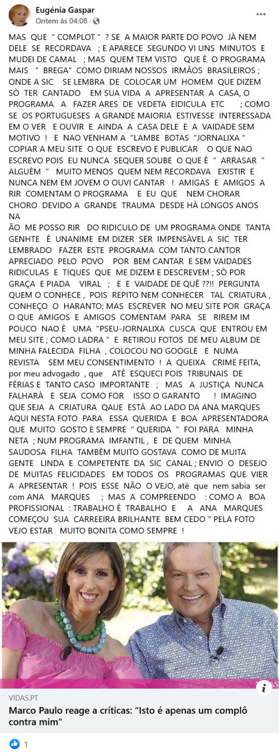 Avó de Sara Norte lança nova &#8220;farpa&#8221; a Marco Paulo: &#8220;Vedeta ridícula&#8230;”