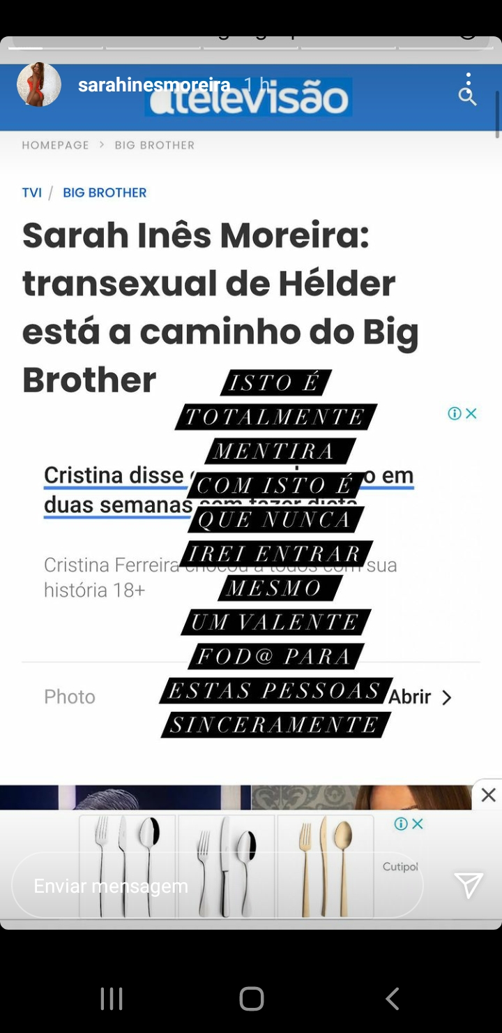 Transexual Sarah Inês Moreira desmente entrada no Big Brother: &#8220;Totalmente mentira&#8221;