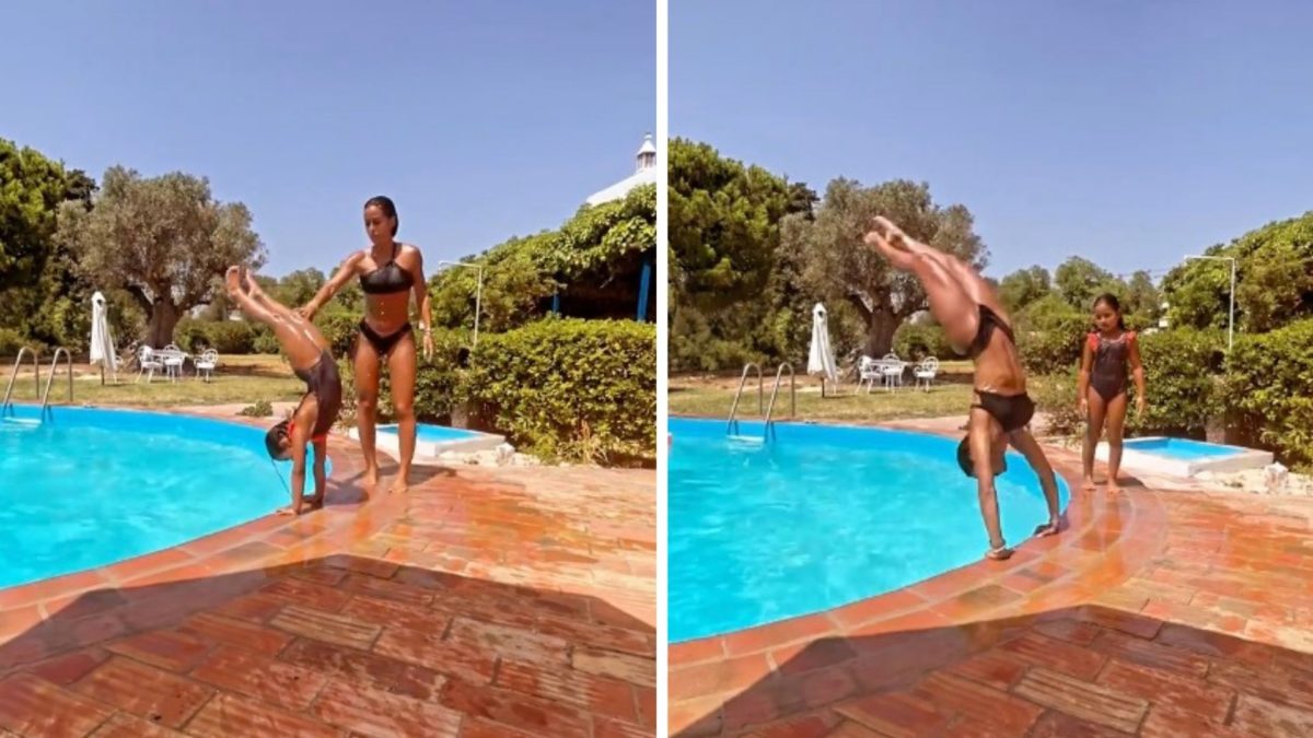 De férias, Carolina Patrocínio mostra &#8220;acrobacias&#8221; com a filha na piscina