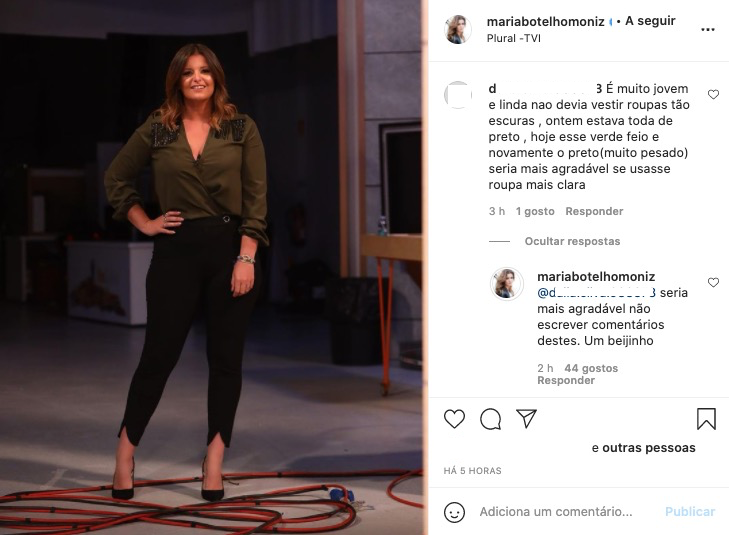 Maria Botelho Moniz reage a crítica de fã: &#8220;Não devia vestir roupas tão escuras&#8230;&#8221;