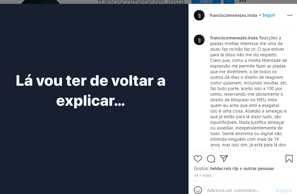 Francisco Menezes reage às críticas após piada sobre violação e revela &#8220;assédio e ameaças&#8221;