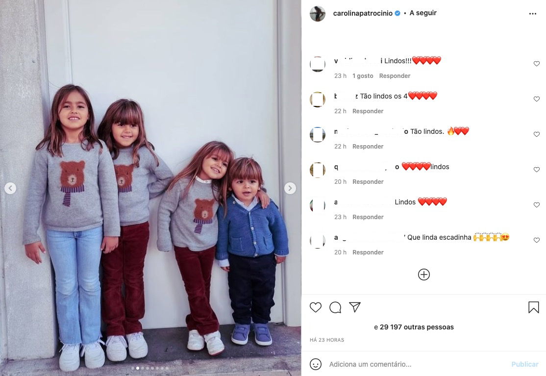 Carolina Patrocínio revela foto dos quatro filhos e &#8220;encanta&#8221;: &#8220;Que linda escadinha&#8230;&#8221;