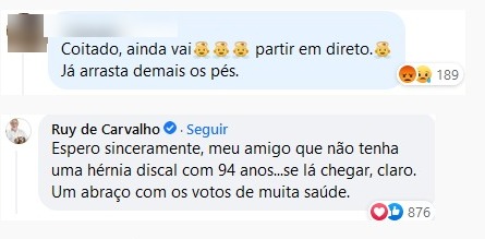 &#8220;Já arrasta os pés&#8221;: Ruy de Carvalho é criticado e dá resposta à letra