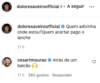 Dolores Aveiro desafia fãs e César Mourão &#8216;acerta&#8217; em cheio: &#8220;Quem acertar pago o lanche&#8230;&#8221;