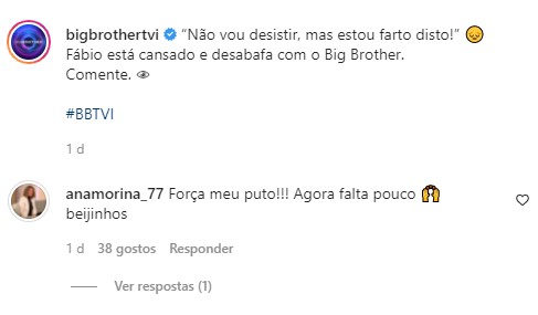 Big Brother: Após Fábio desabar, Ana Morina deixa mensagem de apoio: &#8220;Força meu puto!&#8221;