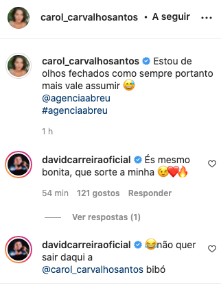 David Carreira comenta foto de Carolina Carvalho e declara-se: &#8220;Sorte a minha&#8221;