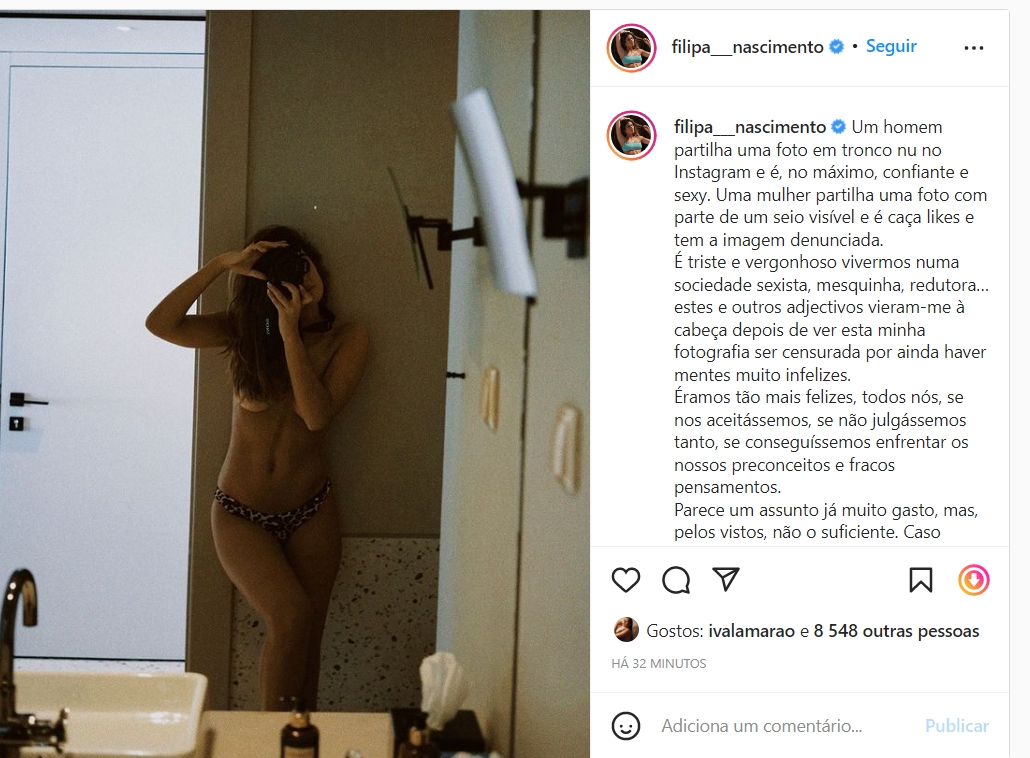 Após censura, Filipa Nascimento volta a partilhar foto em topless: &#8220;É triste e vergonhoso&#8230;&#8221;