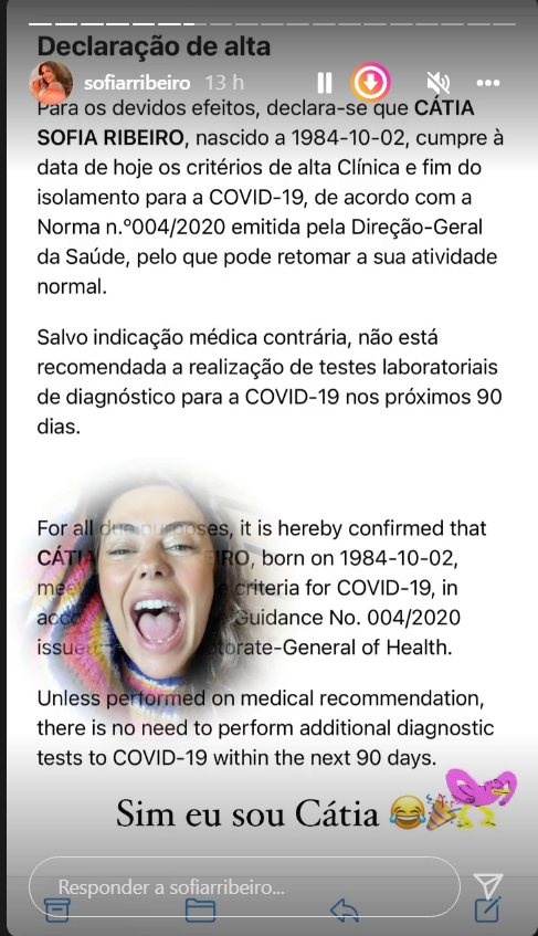Sofia Ribeiro celebra &#8220;alta médica&#8221; e mostra &#8220;nome verdadeiro&#8221;: &#8220;Já posso sair&#8230;&#8221;