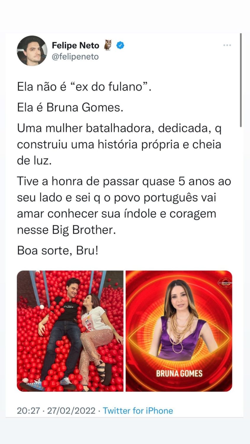 Felipe Neto reage à entrada de Bruna Gomes no Big Brother Famosos: &#8220;Uma mulher batalhadora&#8230;&#8221;