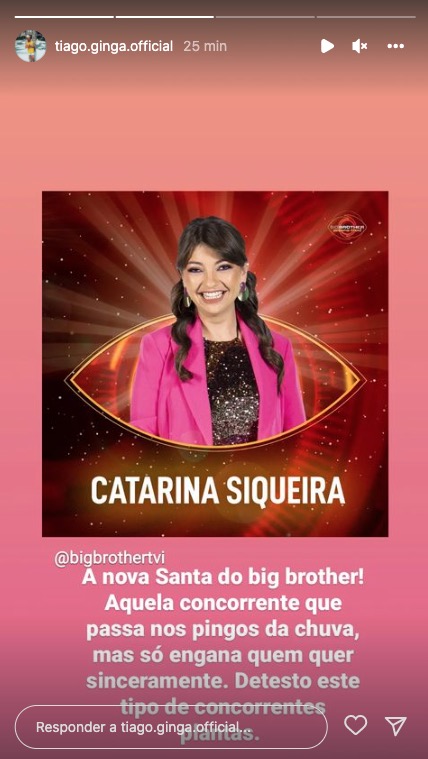 Tiago Ginga deixa críticas a Catarina Siqueira e atira: &#8220;A nova Santa do Big Brother&#8230;&#8221;