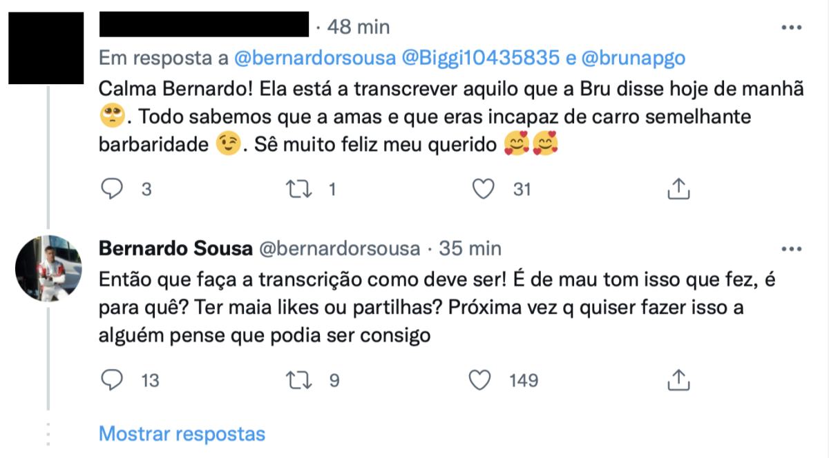 &#8216;Danado&#8217;, Bernardo Sousa responde e arrasa fã de Bruna Gomes: &#8220;Tenha vergonha&#8230;&#8221;
