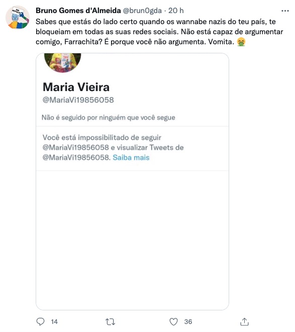 Bruno Almeida recebe &#8216;bloqueio&#8217; de Maria Vieira e reage: &#8220;Não está capaz, Farrachita?&#8221;