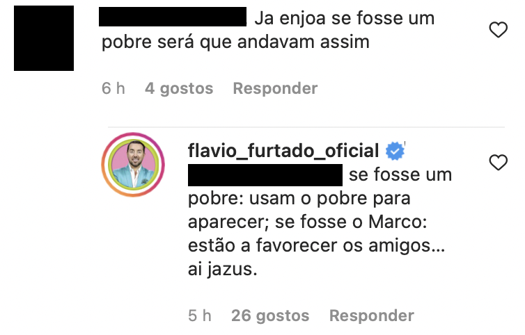 Flávio Furtado mostra-se ao lado de Bernardo Sousa, recebe críticas e responde: &#8220;Levam o homem ao colo&#8230;&#8221;