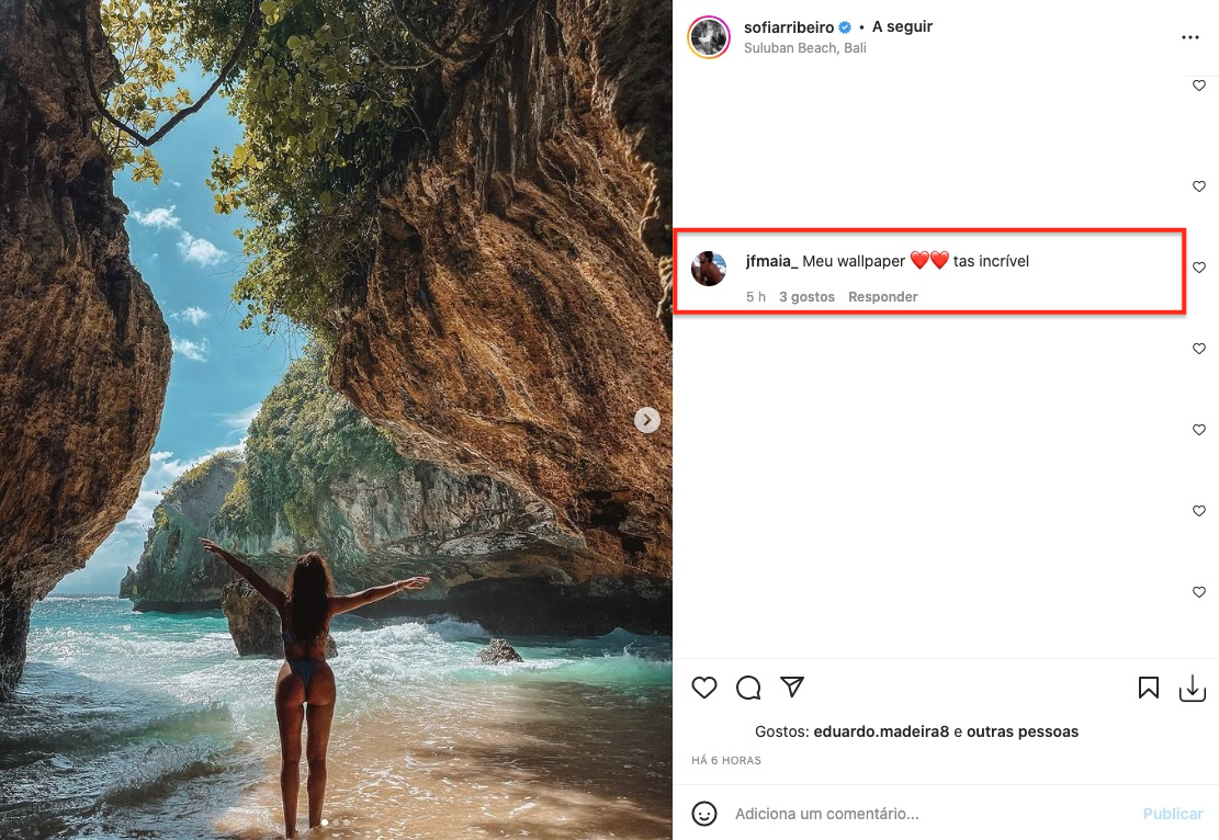 De férias em Bali, Sofia Ribeiro mostra-se na &#8220;praia mais bonita&#8221; e recebe elogio do namorado