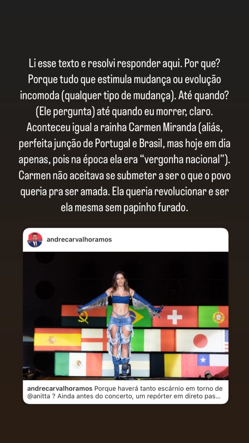 Anitta responde à &#8220;polémica&#8221; da bandeira após comentário de jornalista português