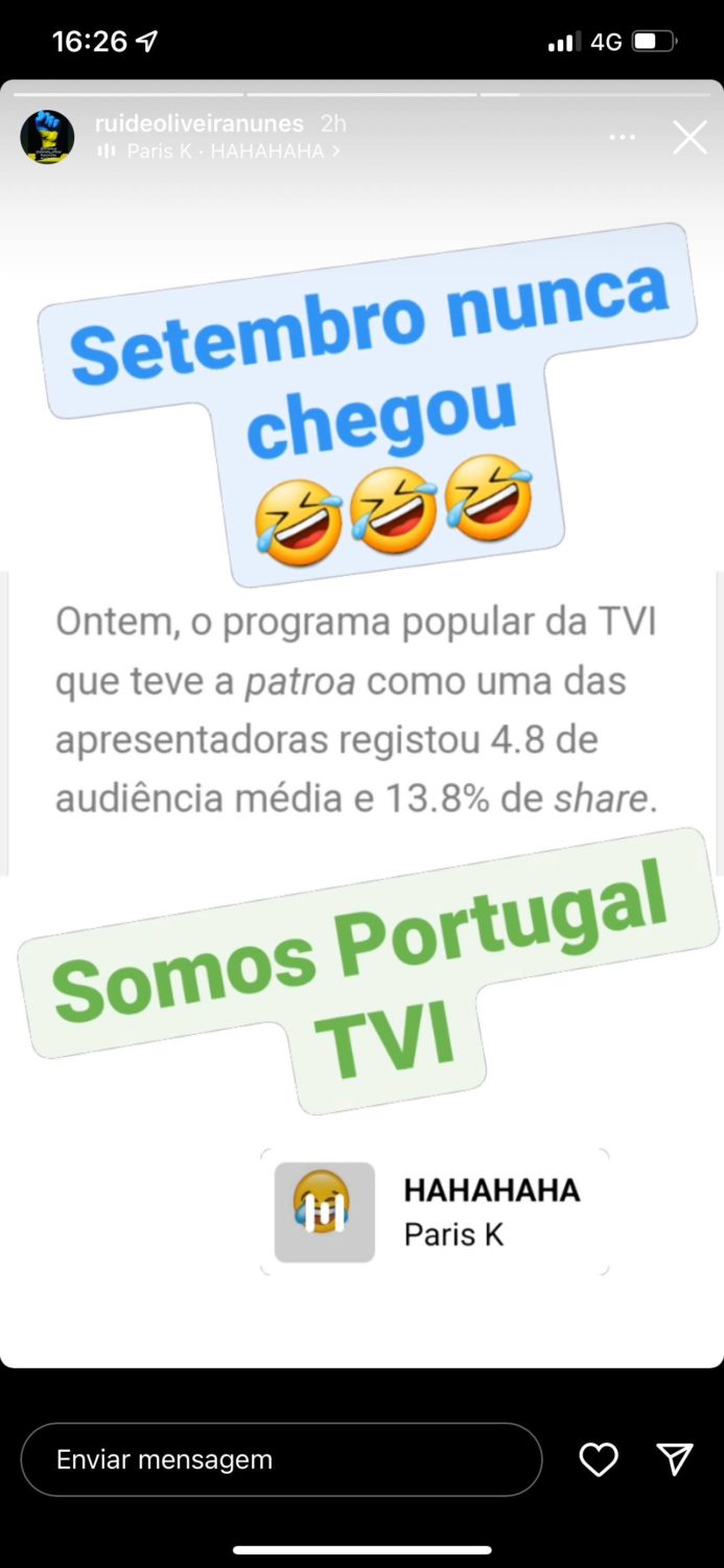 Oops! Rui Oliveira Nunes “brinca” com audiências de programa apresentado por Cristina Ferreira: “Setembro nunca chegou… 🤣”